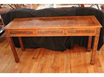 Quality Yorkshire House Walnut Burl Inlay Wood Console Table With 3 Drawers