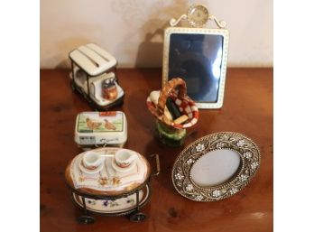 Collection Of Beautiful Limoge Boxes  Golf Cart, Serving Cart , Frame And Other Miniatures
