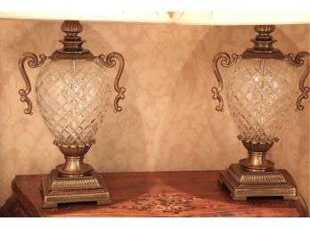  Pair Of Crystal & Heavy Brass Table Lamps   