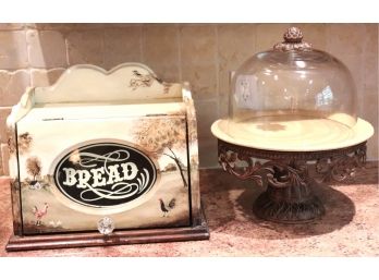 Hand Painted Bread Box & Large Ornate Cake Stand With Glass Cover