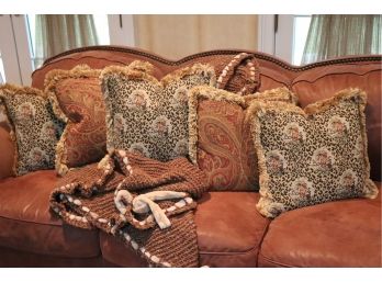 Collection Of 5 Tapestry Style Throw Pillows & Knit Wool Throw With Mink Fur Trim