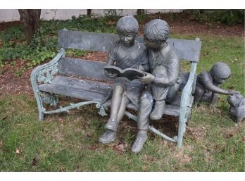 Bronze Garden Sculpture Of Children Reading On Bench With Small Child & Dog  