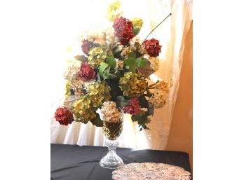 Large Crystal Footed Vase With Faux Hydrangea Floral Arrangement