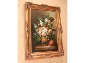 Floral Still Life, Oil On Canvas Painting In Gilded Ornate Carved Frame