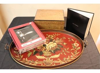 Gorgeous Painted Metal Serving Tray With Wine Accessories & Burled Wood Humidor