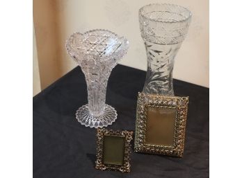 Pair Of Cut Crystal Vases With Bronzed Color Embellished Picture Frames