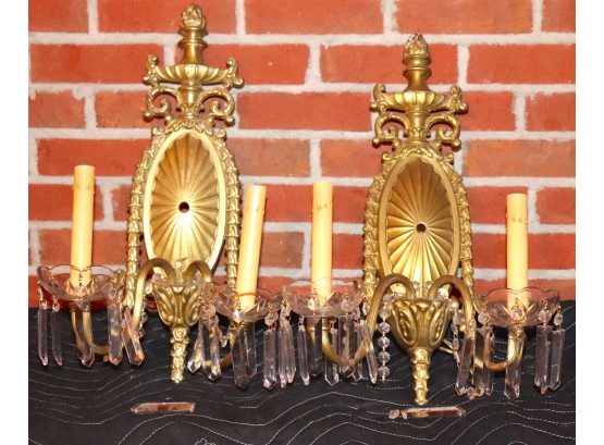 Pair Of Stunning Dual Arm Wall Sconces With Decorative Hanging Crystals