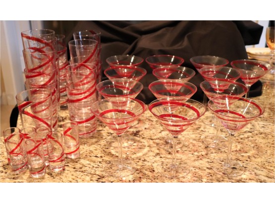 Large Lot Of Candy Cane Swirl Pattern Glassware Includes Martini Glasses, Rocks Glasses & More