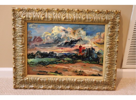 Signed Landscape Painting By European Artist 1988 In Decorative Wood Frame