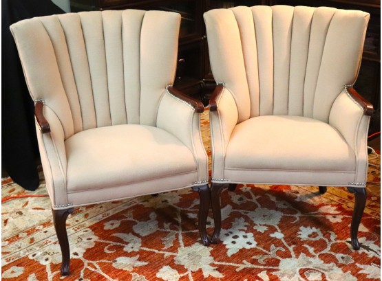 Pair Of Hollywood Regency Style Vertical Tufted Arm Chairs With Studded Detail