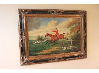 Signed Equestrian Foxhound Painting In Decorative Carved Frame Signed By Artist DaMon Go