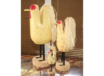 Lot Of 3 Handmade & Hand Painted Wooden Chickens By Artist Edith John