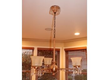 Tall Brass Finished 3 Arm Chandelier With Decorative Hanging Crystals And Etched Glass Domes