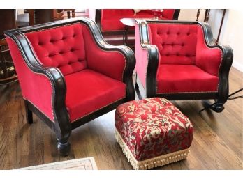 Set Of Deep Red Sophisticated Tufted And Studded Arm Chairs Includes Rocker, Club Chair & Ottoman