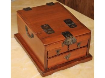 Decorative Antique Style Pine Vanity Box With Mirror, Drawers, And Metal Detail