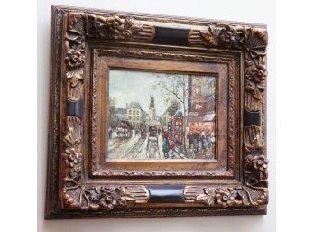 Small Signed Painting Victorian City Center With Horse And Carriages In Ornate Floral Frame