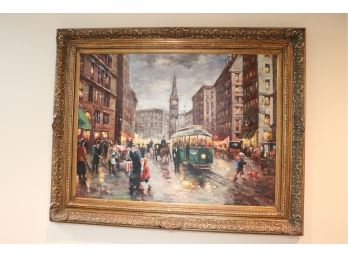 Large Signed Trolley Painting By Johnson In Ornate Wood Frame