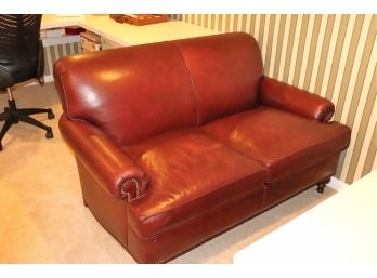 The Charles Stewart Company Designer Exclusive Rolled Arm Leather Loveseat Studding Detail