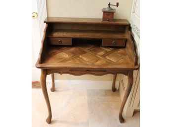 Small Oak Wood Desk With Parquet Top Includes Vintage Peugeot Freres Coffee Grinder