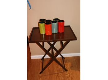 Small Wood Folding Snack Table With Colorful Wine Bottle Stand