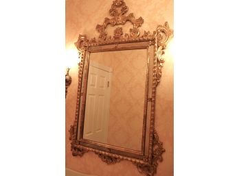 Large Vintage Ornate Wood Mirror With Detailed Crown And Glass Inlay Side