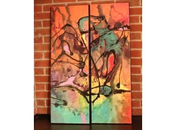 Amazing Multicolored Abstract Diptych Signed By Artist On Back