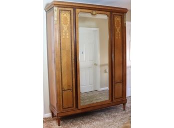 Large Antique French Inlaid Mirrored Armoire Cabinet With Brass Detail And Beveled Glass Mirror (Contents