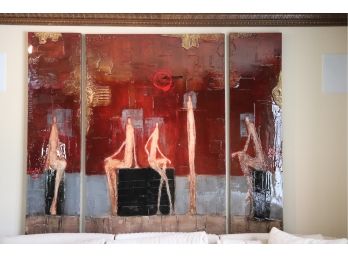 Large Contemporary Piece Triptych Painting Signed By Artist Sylvian Tremblay 87' W X 72' Tall