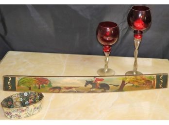 Hand Painted Wine Barrel Equestrian Dog Hunting Scene By S. Nolan With Decorative Candle Holders