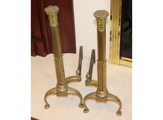 Pair Of Highly Detailed Vintage Brass Andirons