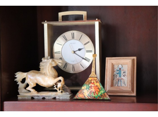 Collection Of Displays- Seiko Carriage Clock, Horse Stone Figurine, Navajo Sand Painting, Small Trinket Bo