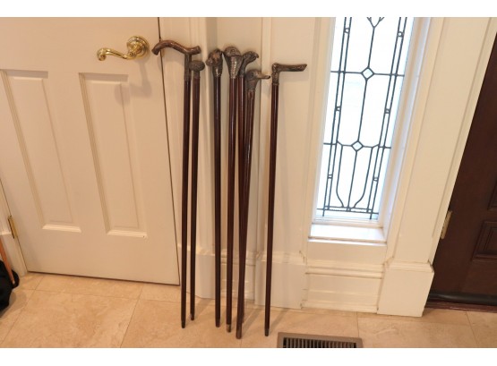 Lot Of 7 Deco Inspired Silver Plated Handled Wood Walking Canes