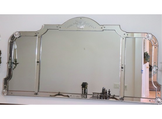 Antique Venetian Style Beveled & Etched 3 Panel Buffet Fireplace Wall Mirror
