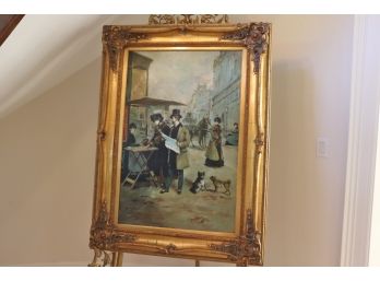 Large G. Blumen Oil 34' X 46' On Canvas Painting Depicting French City Street In Gilded Carved Frame
