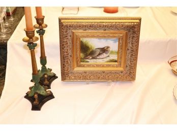 Heavy Brass Candlesticks With Pheasant Painting In Gilded Craved Frame
