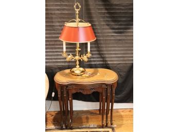 Vintage Hand Painted Louis XVI Style-Three Nesting Tables And Brass Desk Lamp