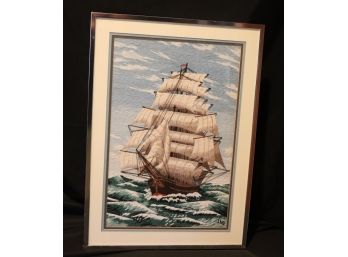 Embroidered Detailed Sailing Ship Artwork In Chrome Metal Frame