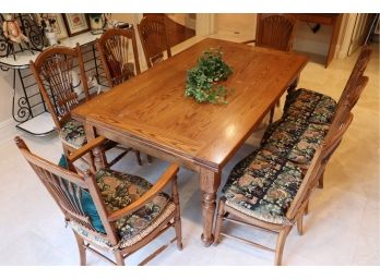 Farmhouse Refectory Leaf Wood Table With 8 Wheat Back Rush Seat Dining Chairs With Cushions