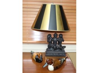 Vintage Bronze Colored Metal 3 Monkey “See No Evil, Speak No Evil, Hear No Evil” Table Lamp With Hand Pai