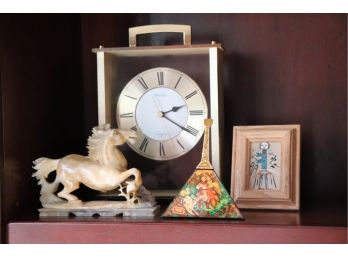 Collection Of Displays- Seiko Carriage Clock, Horse Stone Figurine, Navajo Sand Painting, Small Trinket Bo