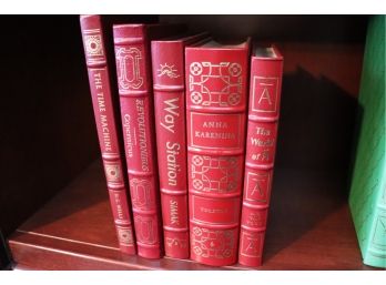 5 Leather Bound Easton Press Collector’s Ed Books: HG Wells, Copernicus, Simak, Tolstov, AE Van Voct & Mor