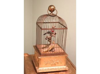 Antique Style Brass And Gilded Wood Bird Cage Music Box