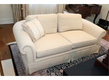Custom Roll Arm Two Cushion Sofa In Cream Brocade Fabric