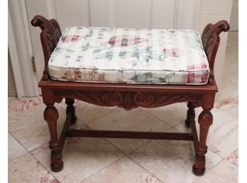 Antique Style Wood Vanity Bench With Custom Peony Silk Print Cushion