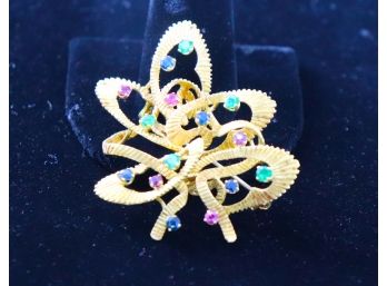 14K YG HOLIDAY DESIGN PIN WITH RUBIES, EMERALDS AND SAPPHIRES 10.7 DWT