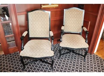 Pair Of Black Lacquered Carved Arm Chairs Upholstered In Plush Woven Chenille