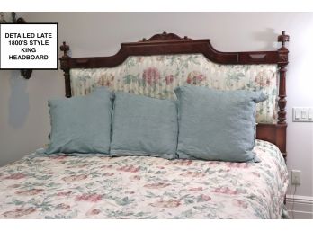 Antique Style King Size Custom Upholstered, Silk Print & Wood Headboard, Includes High End Quality Mattress