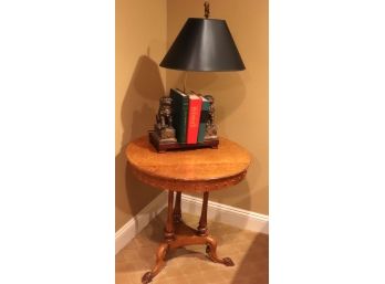 Burl Wood Intricate Round End Table With Ceramic Lion Table Lamp & Books