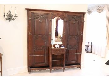 Antique Carved Entry Hall Tree Coat Stand With Mirror & Brass Hardware