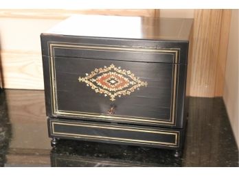 Antique Traveling Bar Set In Highly Detailed Wooden Case With Inlay Brass & Mother Of Pearl